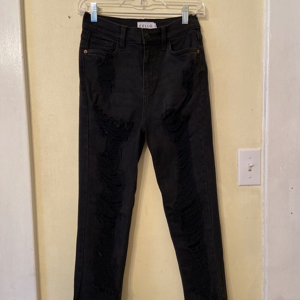 Cello Jeans Womens Size 5 High Rise Distressed Black Jeans Nwot Stretchy Denim